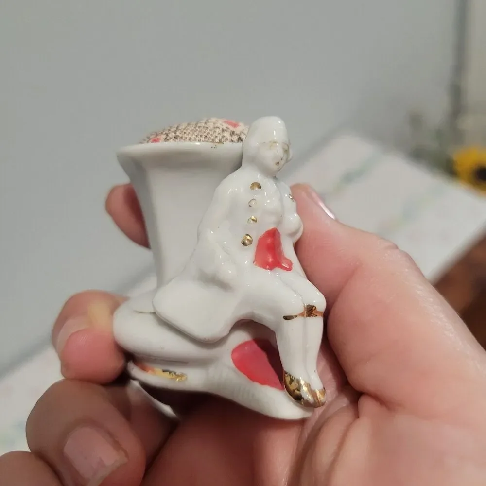 Vtg Set of 2 Porcelain Toothpick Holders Elegant Lady and Man Japan Pin Cushions
